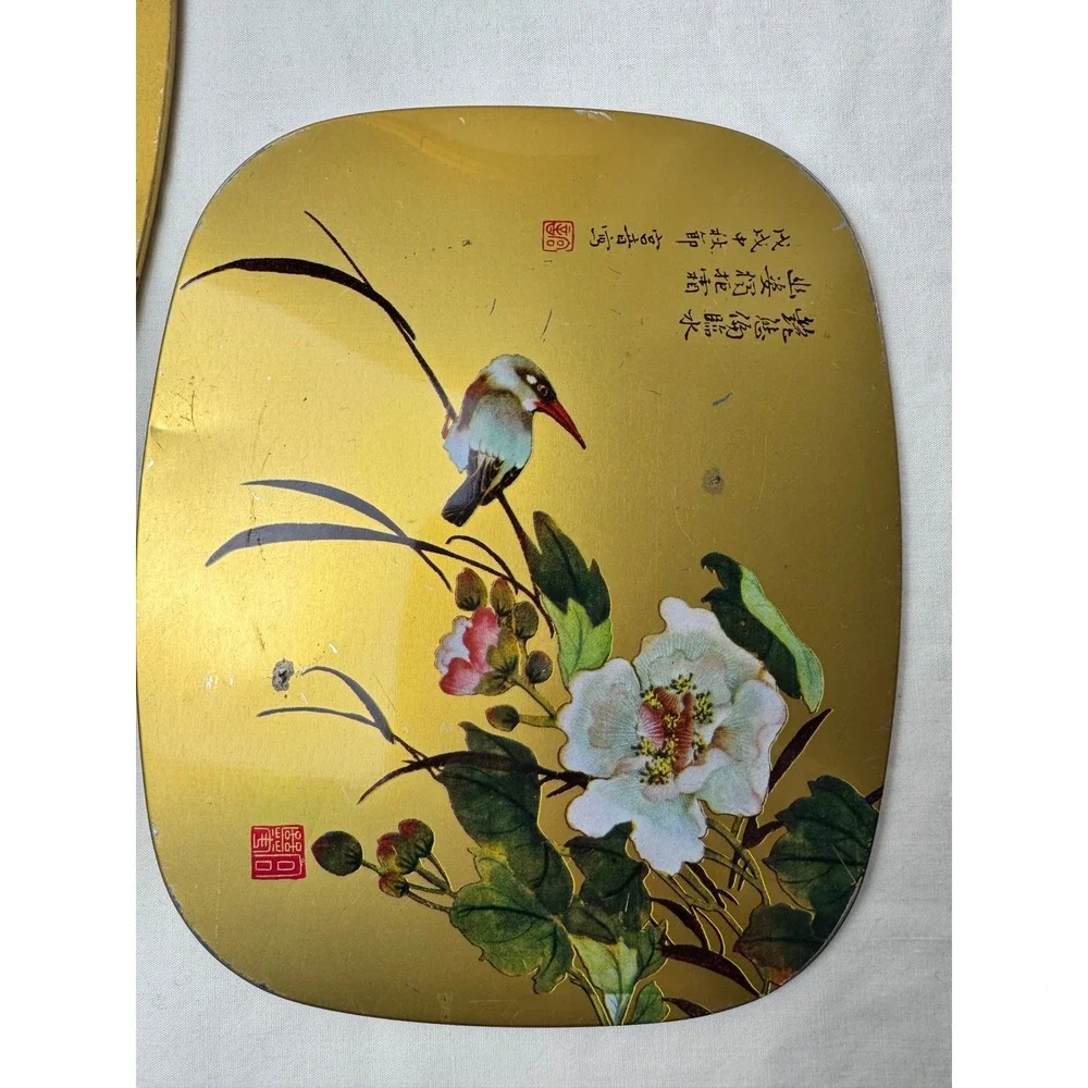 Vintage 3 Gold Chinoiserie Bird & Floral Nesting Placemats Hot‎ Pad Cork Back